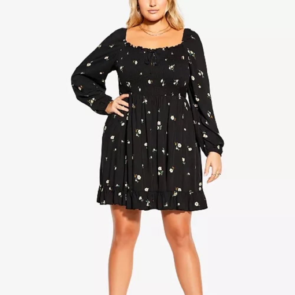 City Chic Darling Ditsy Dress Black Long Sleeve